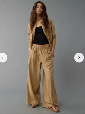 American Eagle Outfitters Linen Blend Wide-Leg Pants in Camel Brown